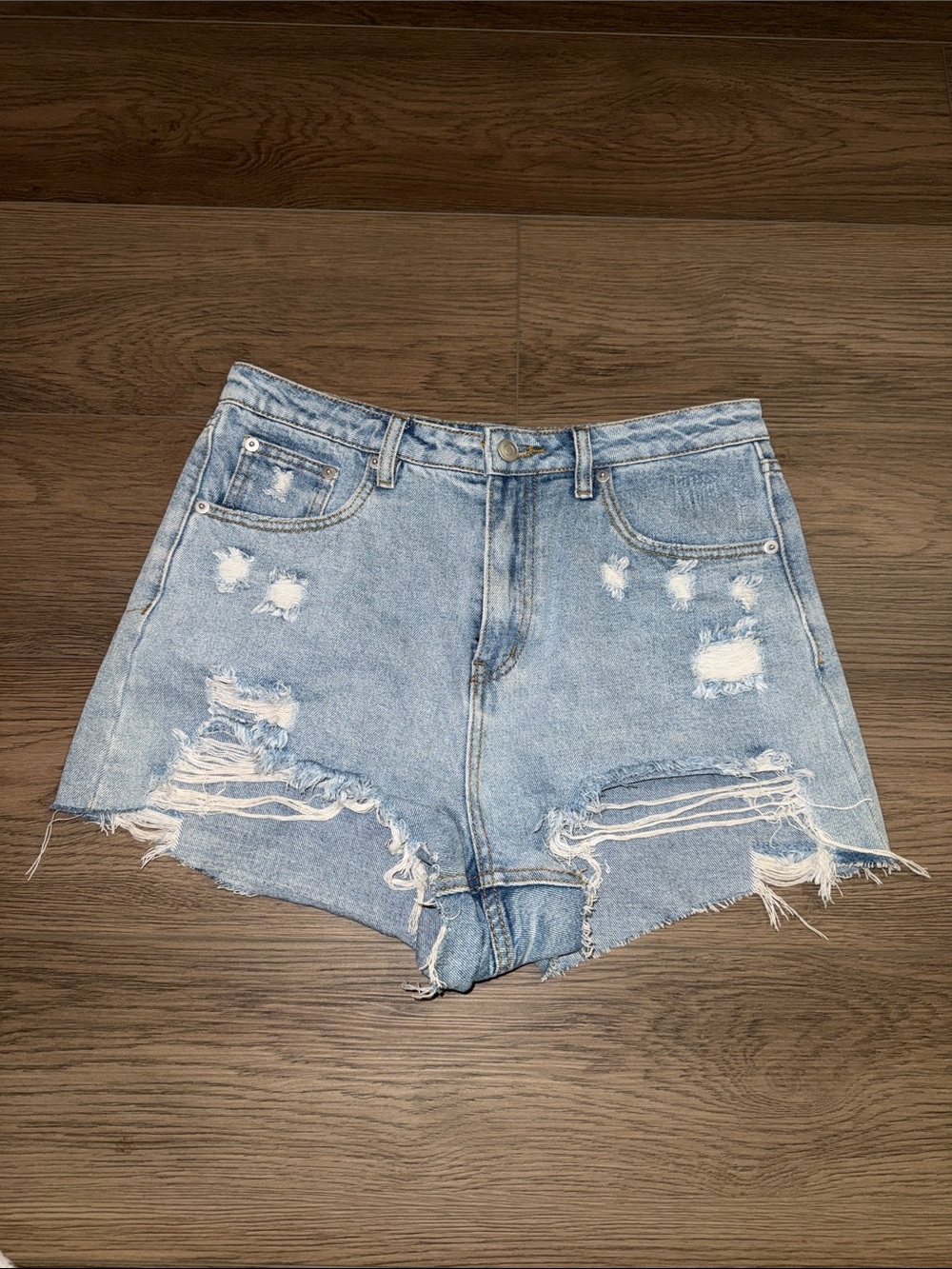 Fashion Nova Light Blue Distressed High-Rise Denim Shorts
